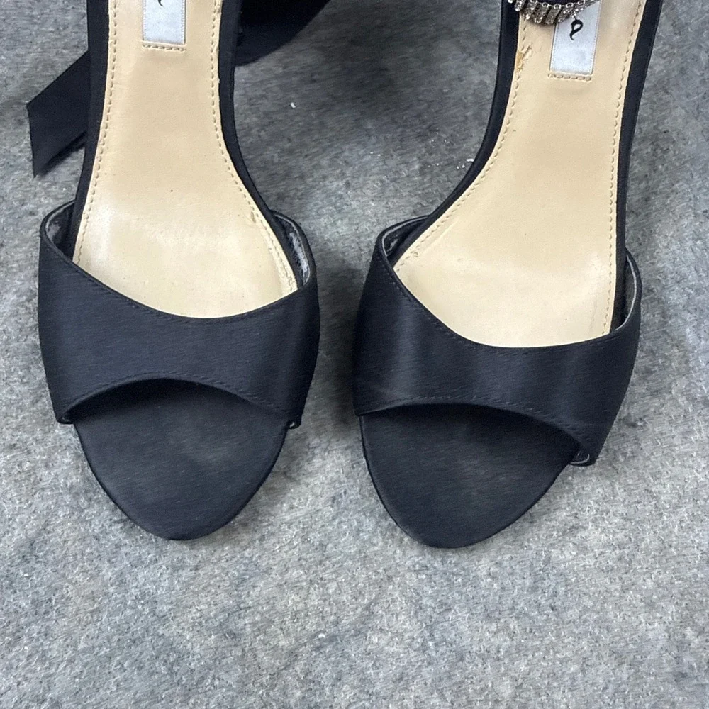 Nina New York Black Satin Rhinestone Ankle Tie Stiletto Sandals Womens 8.5 M